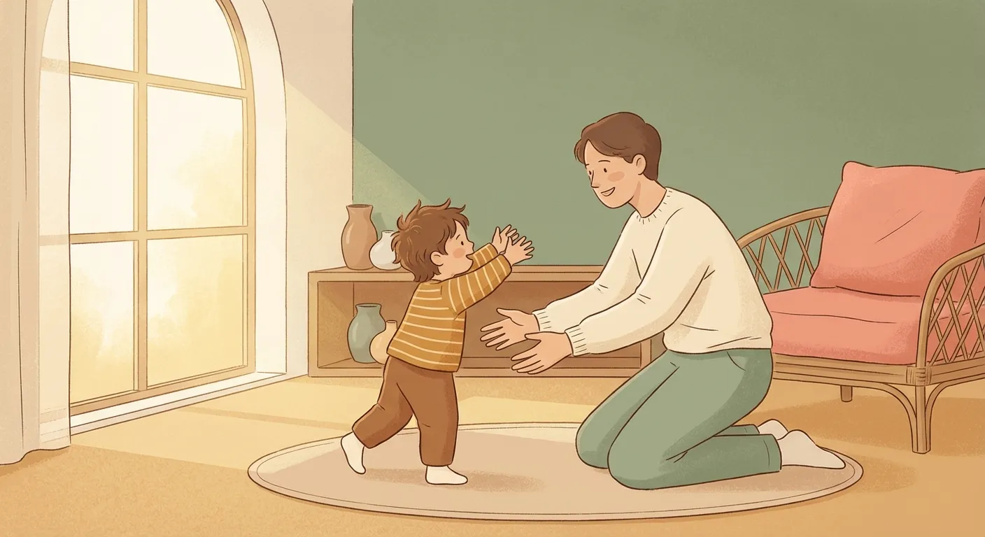 Child reaching toward a kneeling parent with warm golden light between them