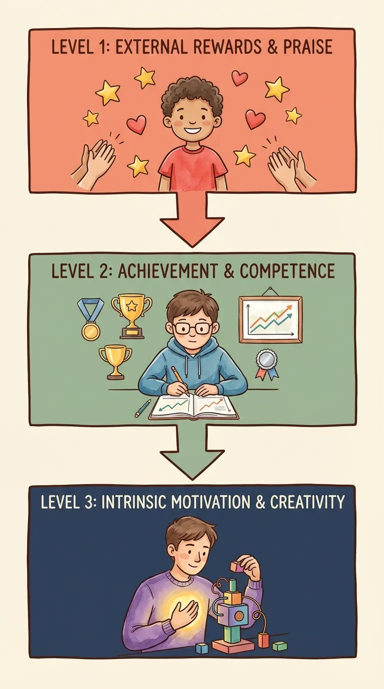 Visual showing how a child's motivation evolves from praise and attention through mastery to purpose and self-expression