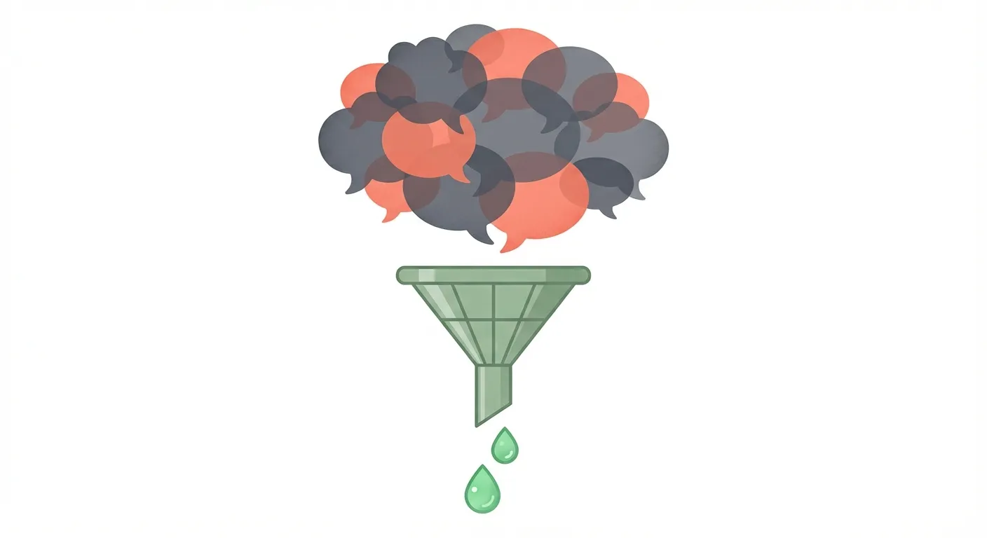 Illustration of a filter funnel: messy guilt feelings enter the top, and only clear actionable signals come through at the bottom