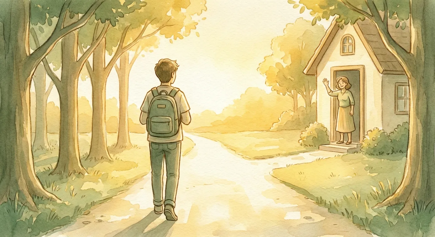 Teenager walking confidently forward while parent watches proudly from home