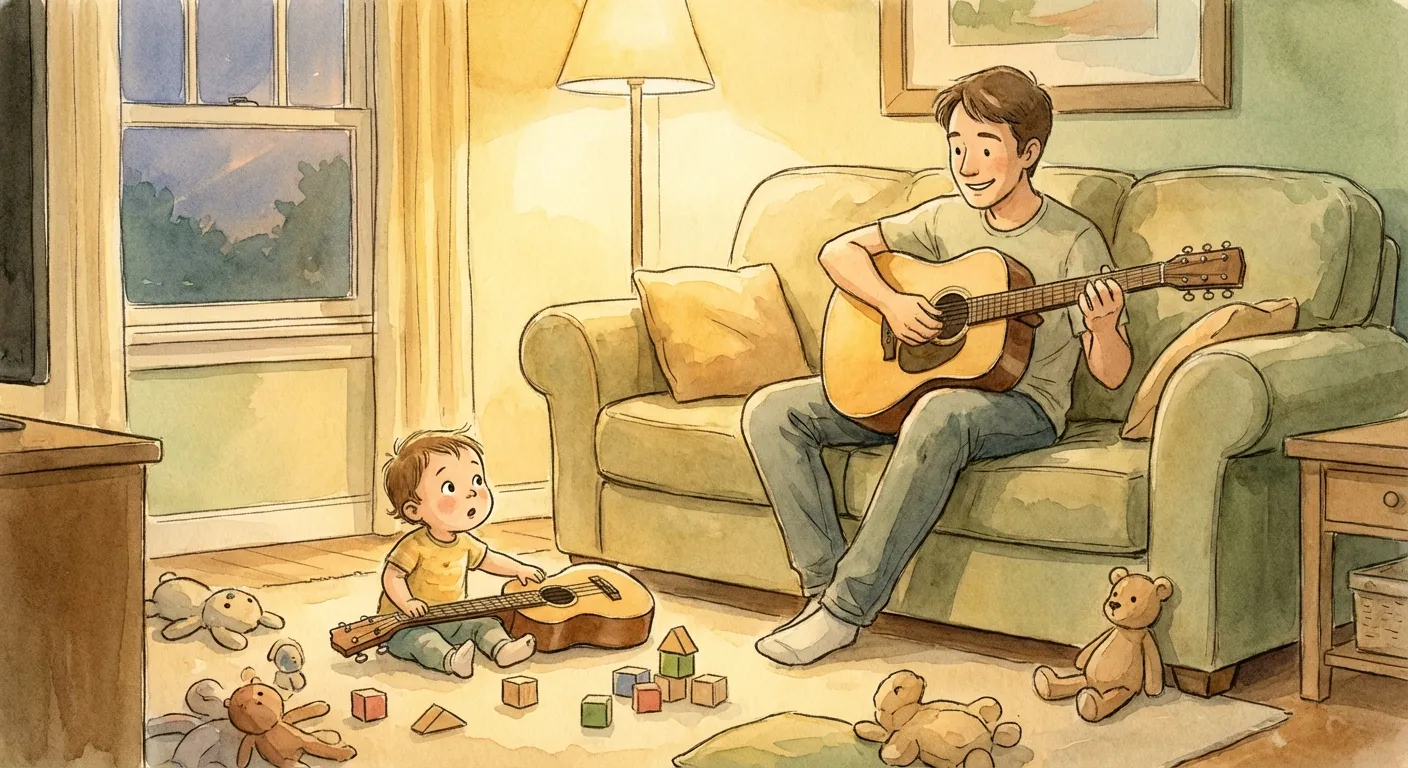 Parent playing guitar on the couch while a young child watches with fascination, reaching for a small ukulele