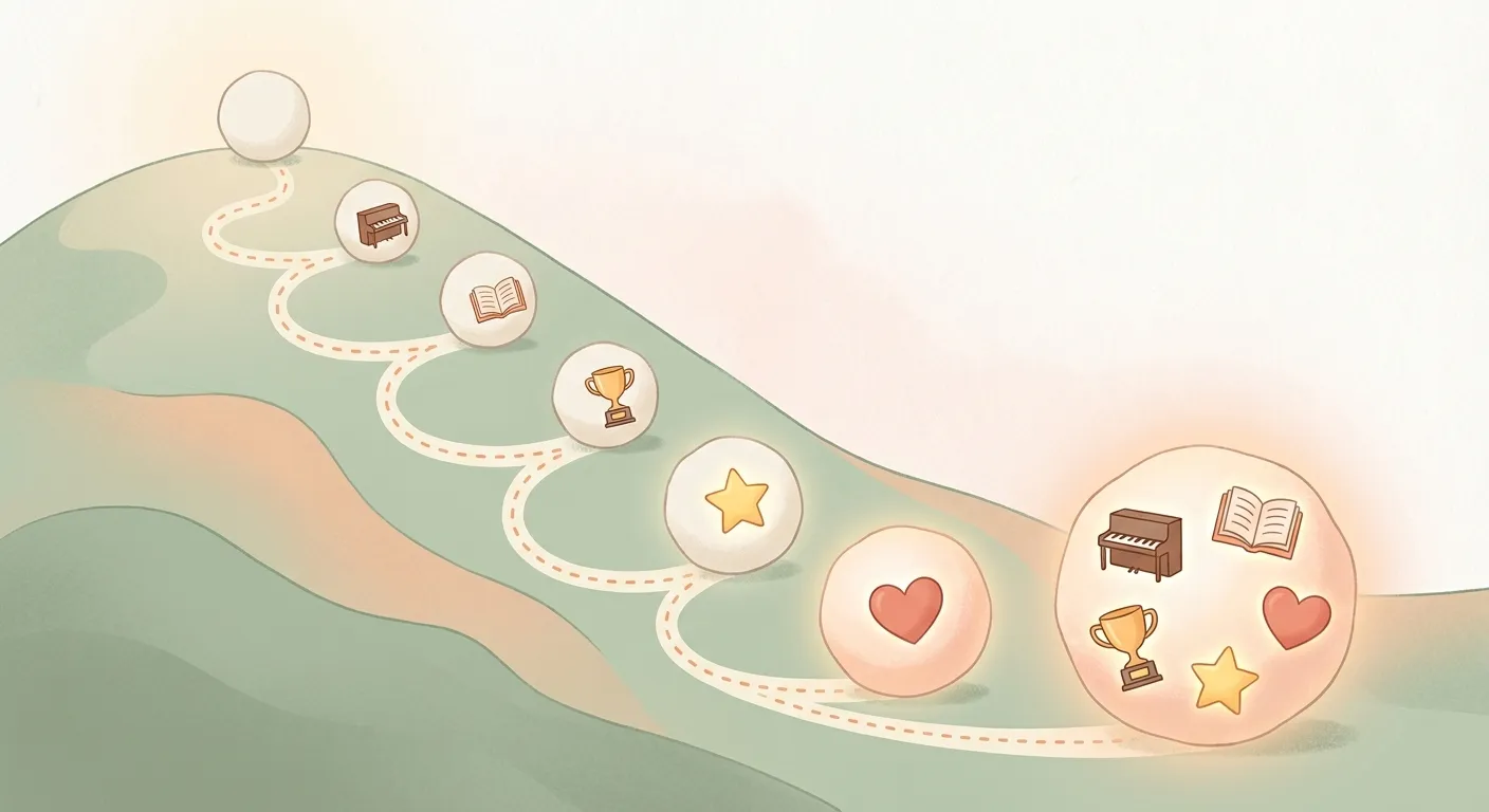 A small snowball rolling downhill, growing larger at each stage, picking up colorful elements along the way