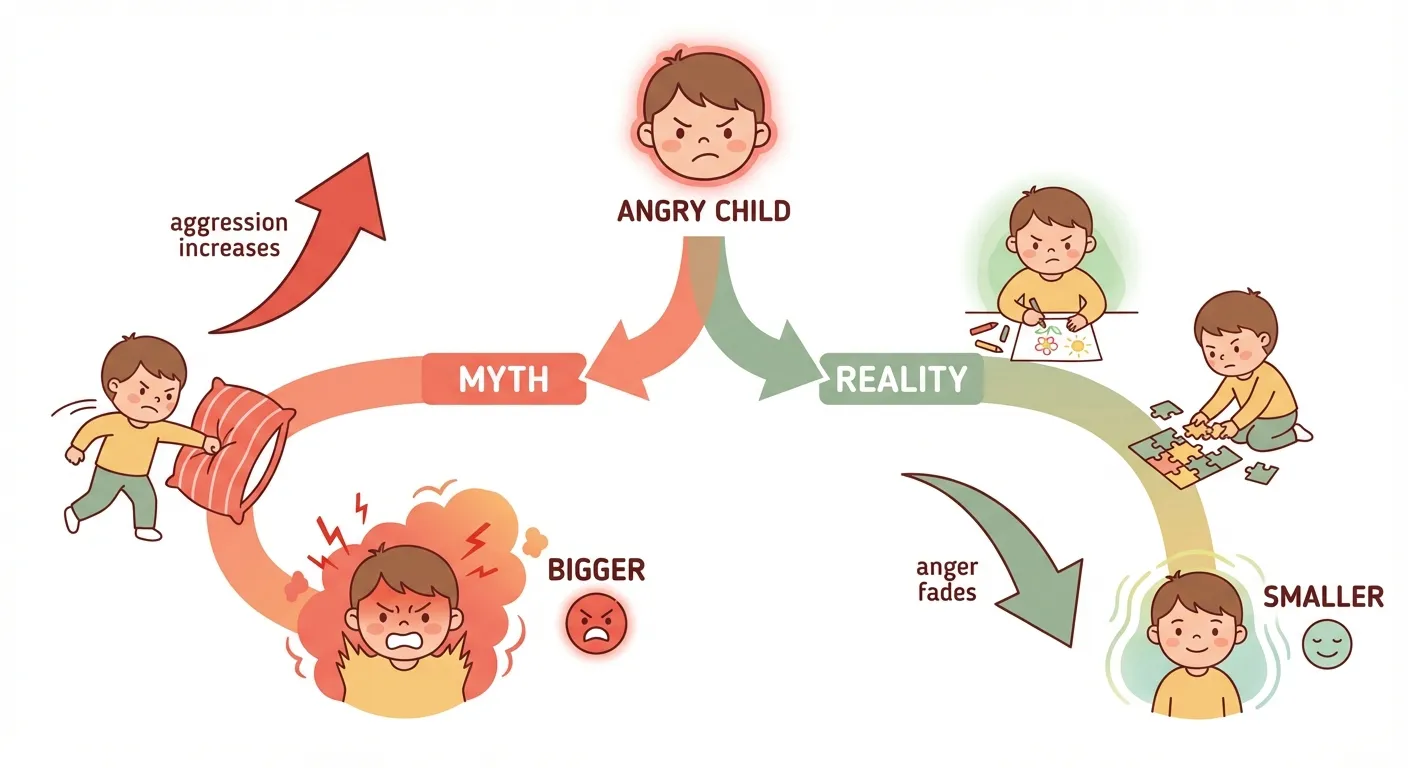 Diagram showing two paths: venting anger increases aggression vs redirecting to a calm activity lets anger fade