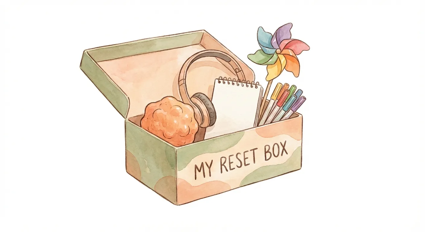 Illustration of a child's mood reset box with stress ball, headphones, sketch pad, markers, and pinwheel