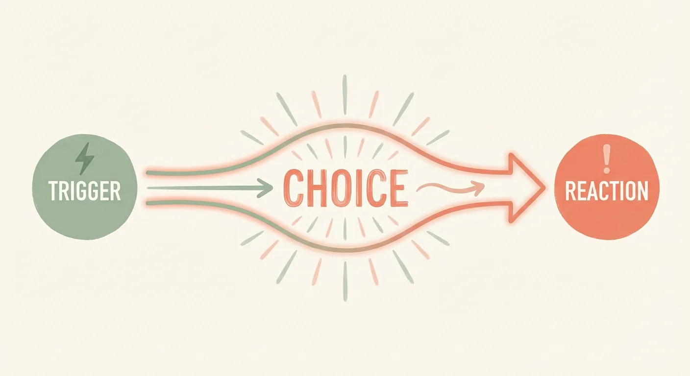 Diagram showing the concept of widening the gap between trigger and reaction, with choice in the middle