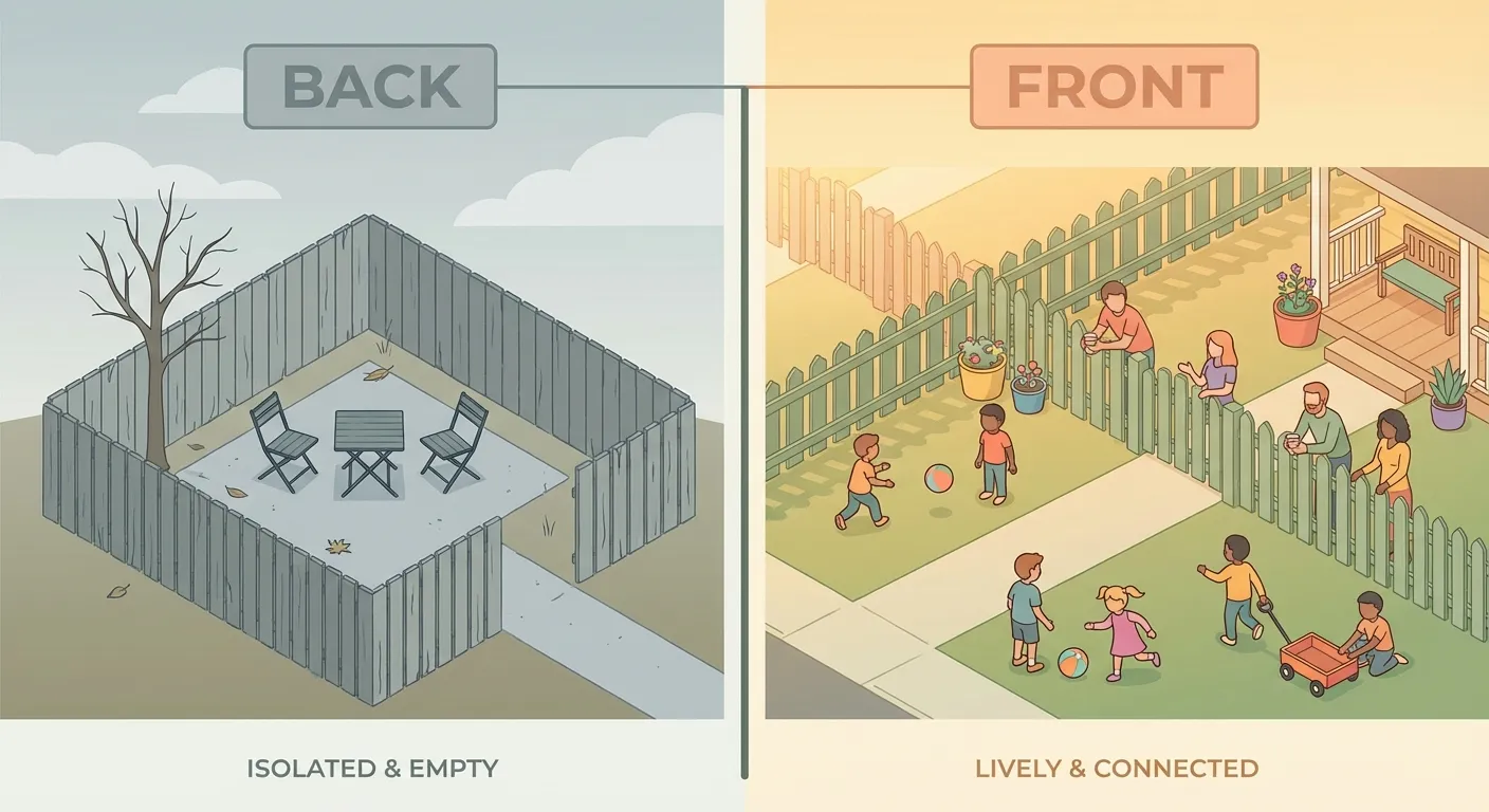 Side-by-side comparison: isolated backyard vs. lively connected front yard