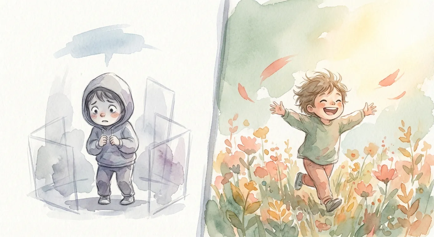 Two sides: a child frozen by fear of imperfection versus a child running freely and fearlessly