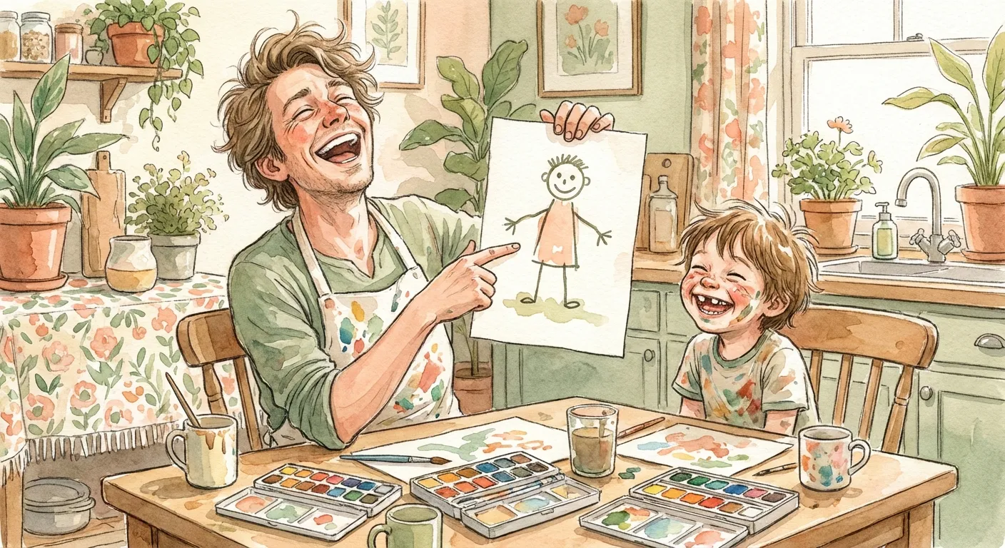 Parent and child joyfully doing art together, the parent laughing at their own terrible painting