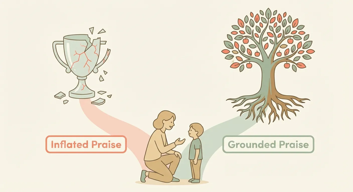 Diagram showing the difference between inflated praise that builds fragile ego and grounded praise that builds lasting confidence