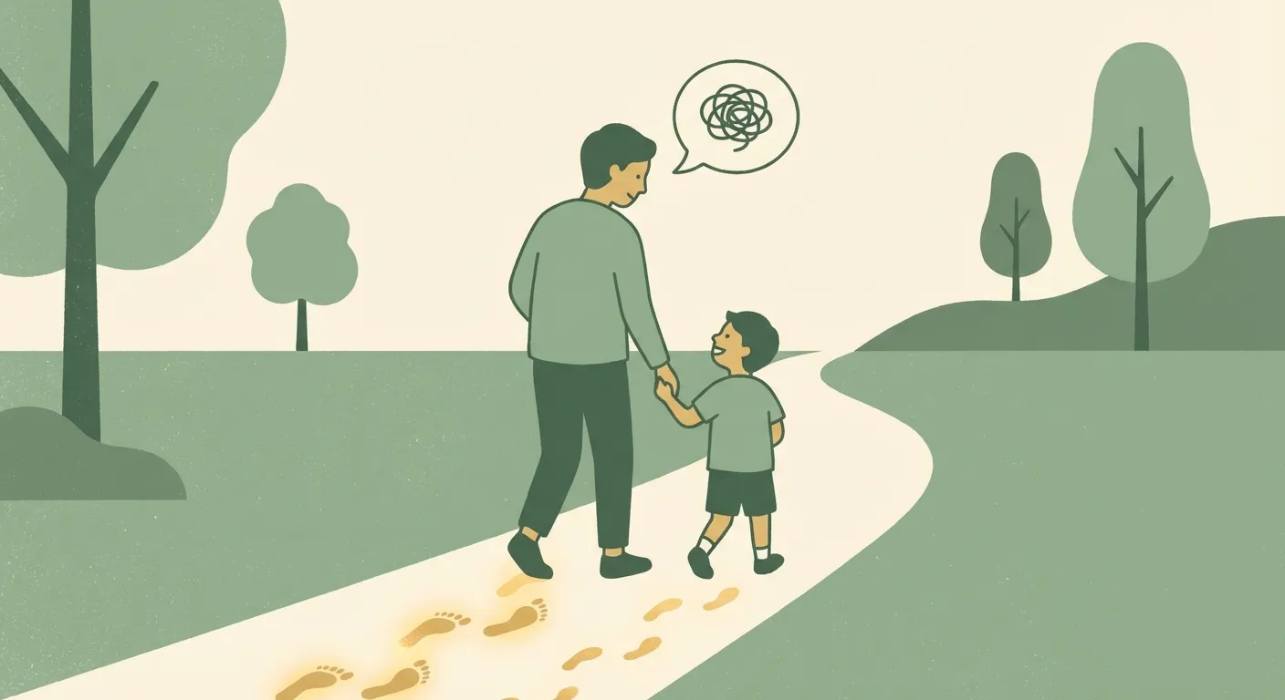 Parent and child walking together, footprints glowing behind them