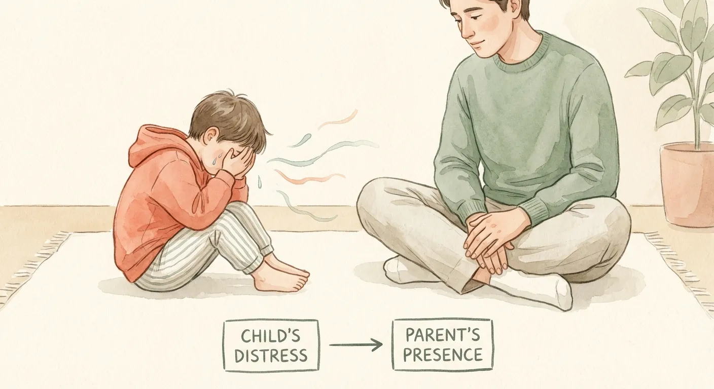 Parent sitting calmly beside an upset child, offering presence instead of solutions