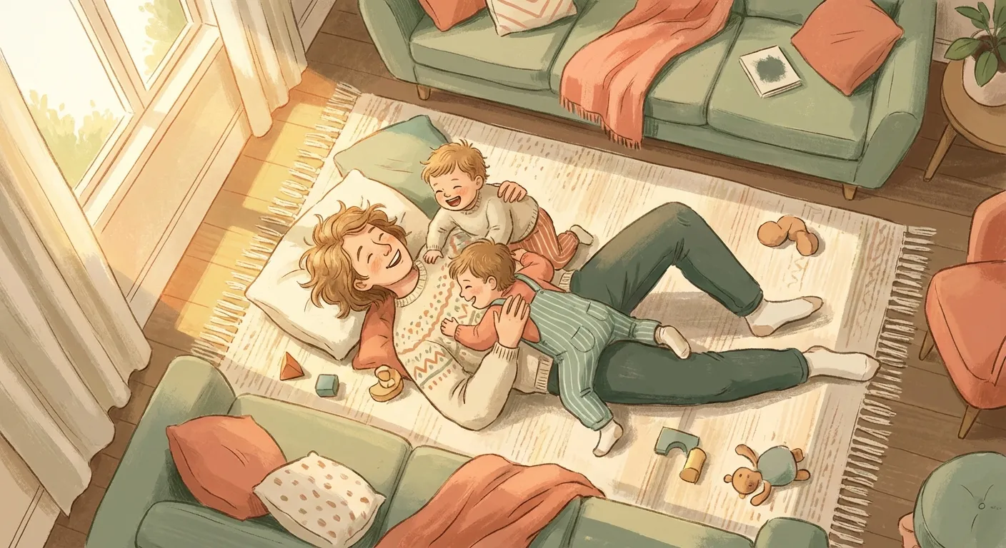 Parent and children roughhousing joyfully on the living room floor