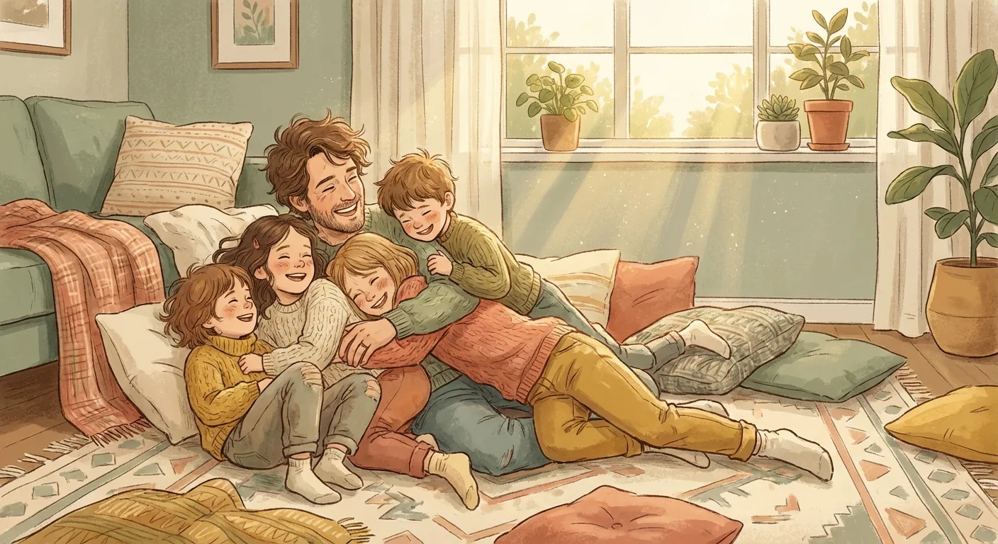 Parent and children collapsed in a happy pile after roughhousing