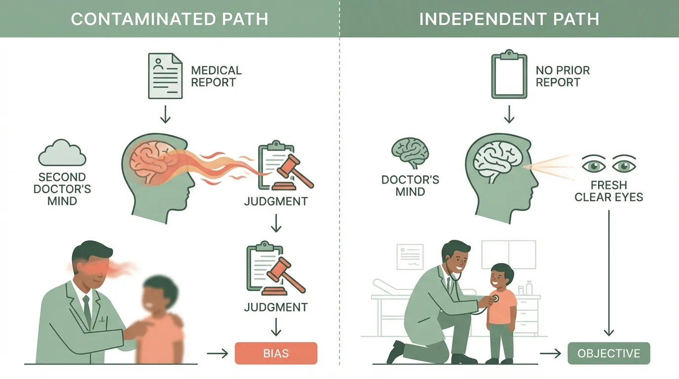Diagram comparing a contaminated second opinion (evaluator reads first report, creating bias) versus a truly independent opinion (evaluator examines child fresh)