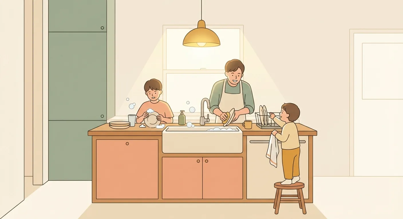 Family naturally working together in the kitchen, child joining in without being asked