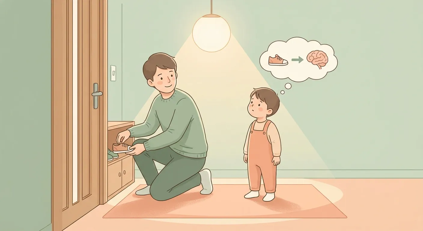 Parent calmly modeling good behavior while child naturally absorbs it