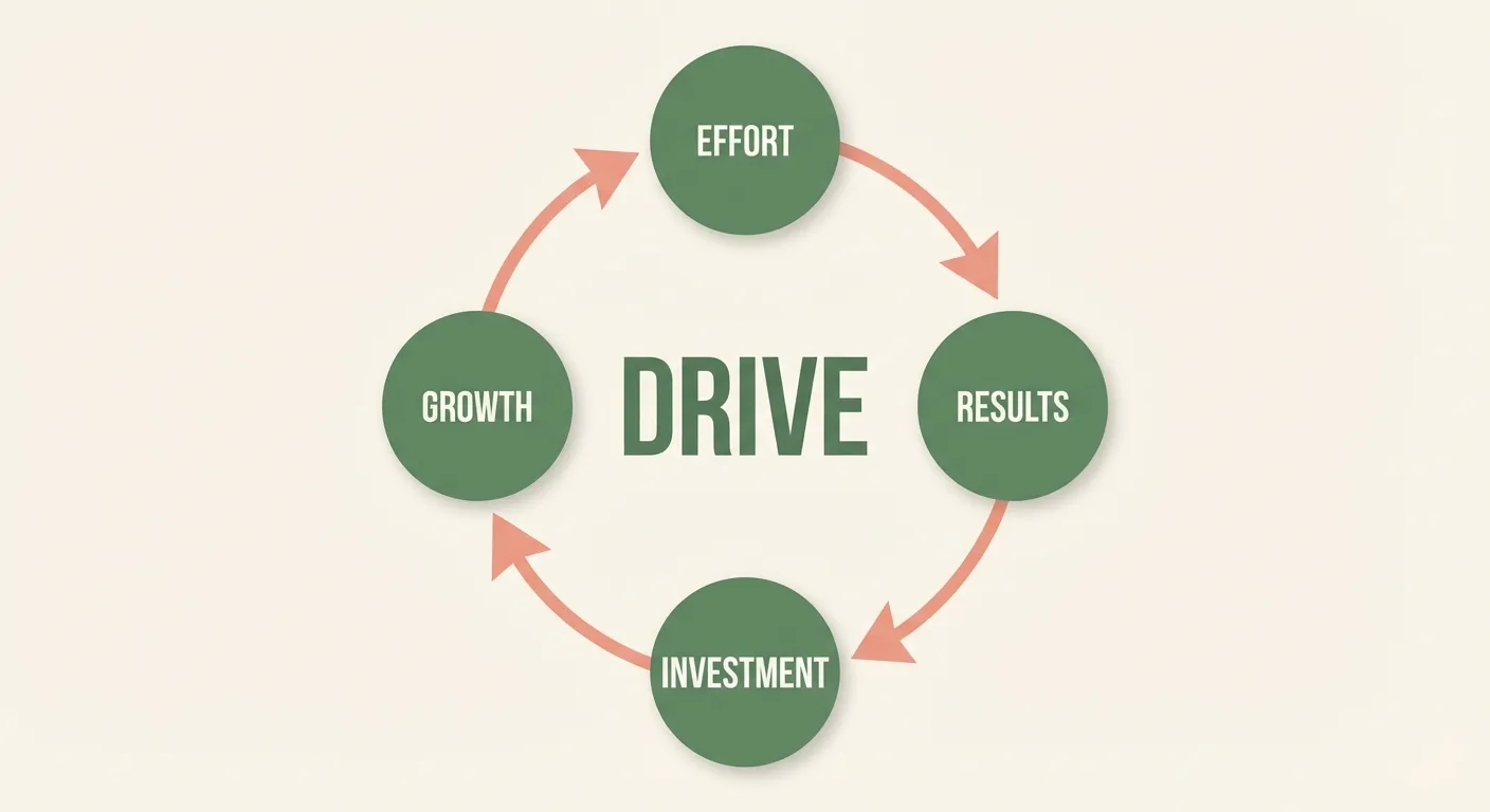A circular diagram showing the drive feedback loop: effort leads to results, results attract more investment from adults, more investment accelerates growth, growth deepens drive