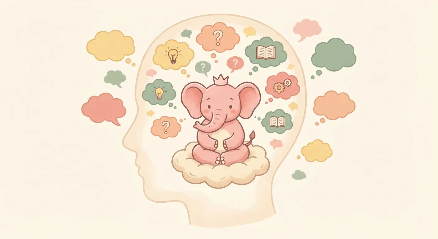 A playful pink elephant floating among thought bubbles