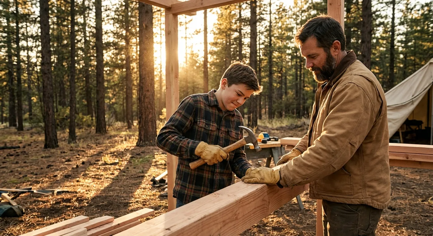 A father and son on a mountain trail at golden hour, the son carrying a heavy pack with a look of quiet determination