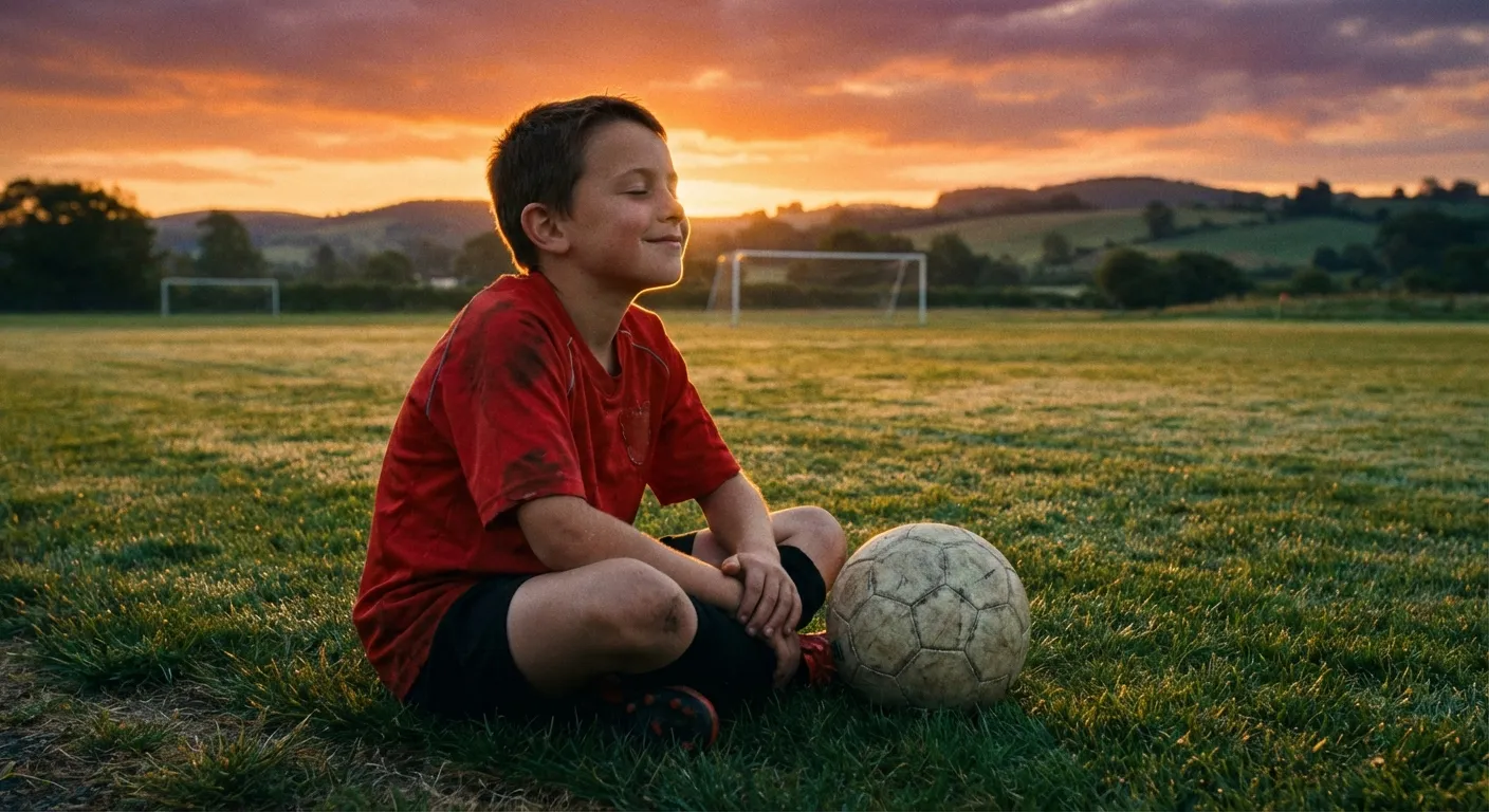 Young athlete sitting peacefully at the edge of a field at dawn