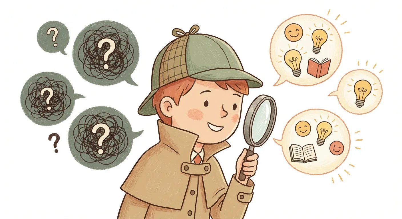 A child detective examining thought bubbles with a magnifying glass