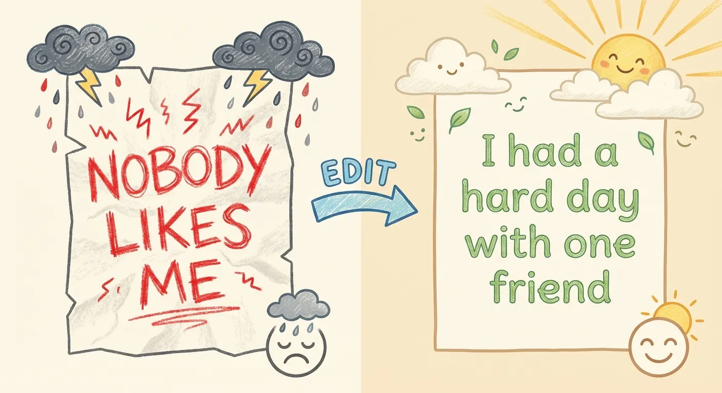 A rough draft thought vs an edited accurate thought -- showing how upset brains exaggerate and how to find the real version