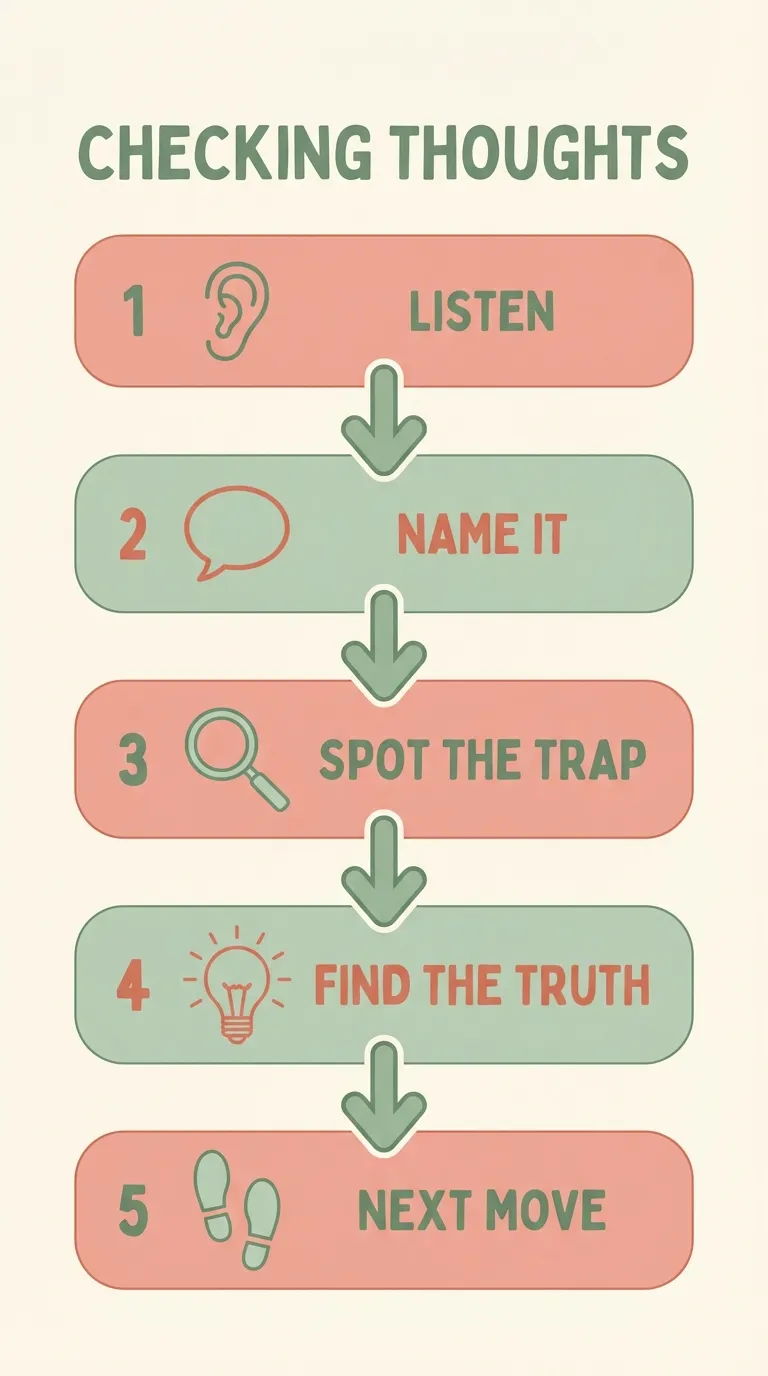 Five-step flowchart: Listen, Name the pattern, Spot the trap, Find the truth, Next move