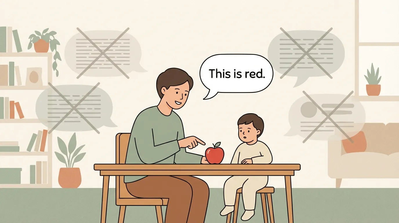 Parent teaching a child with minimal words while longer explanations fade away