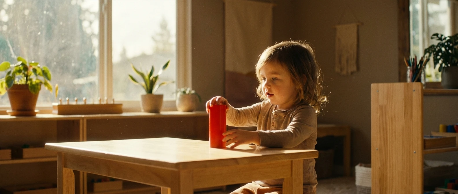 A child in golden morning light reaches for a red cylinder at a wooden Montessori table