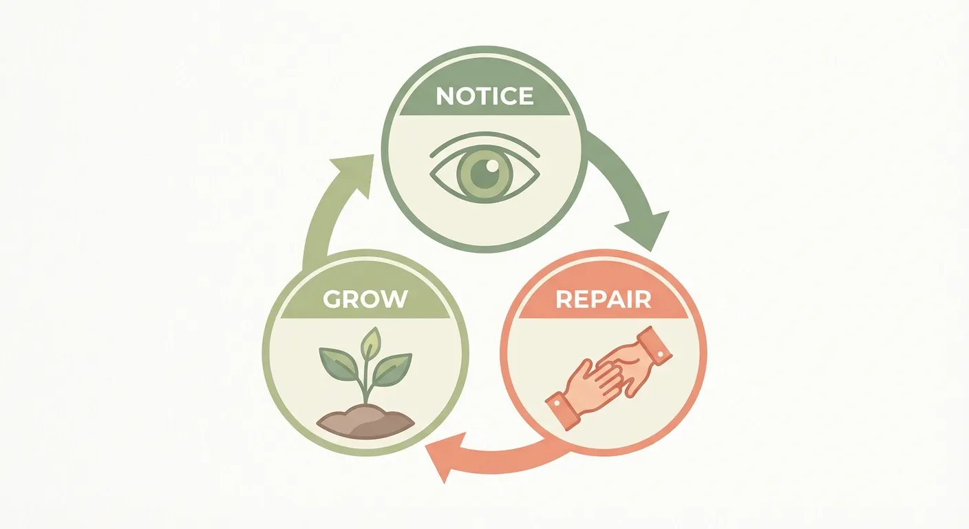 Diagram showing the Notice, Repair, Grow cycle for breaking harmful patterns