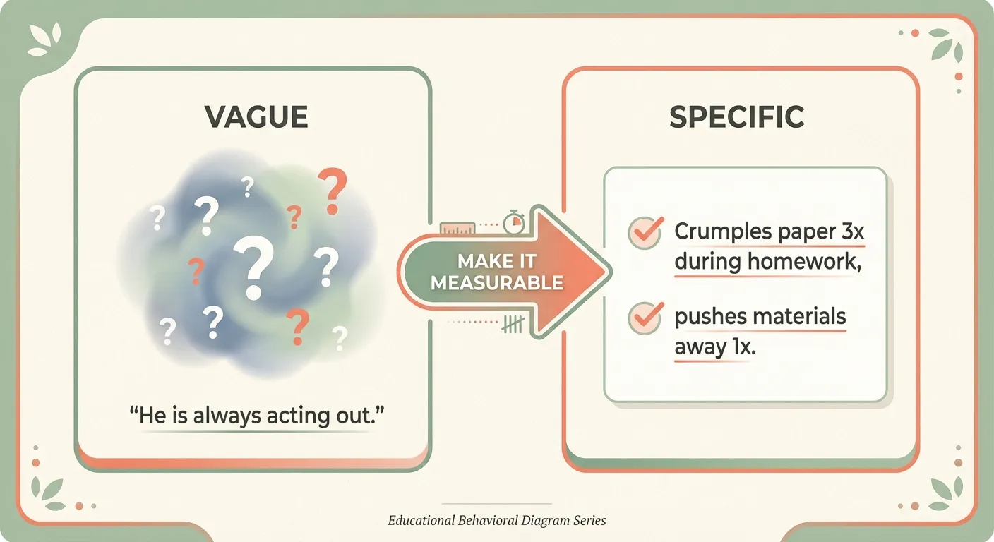 Before and after diagram: vague 'He is always acting out' transforms into specific measurable behaviors through Make It Measurable process