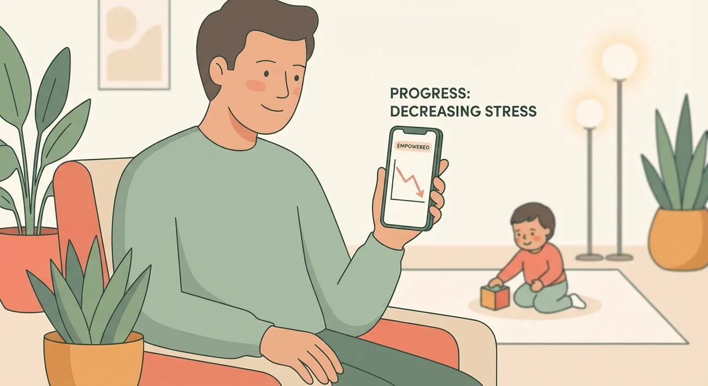 Parent confidently checking behavior progress on phone while child plays happily in background