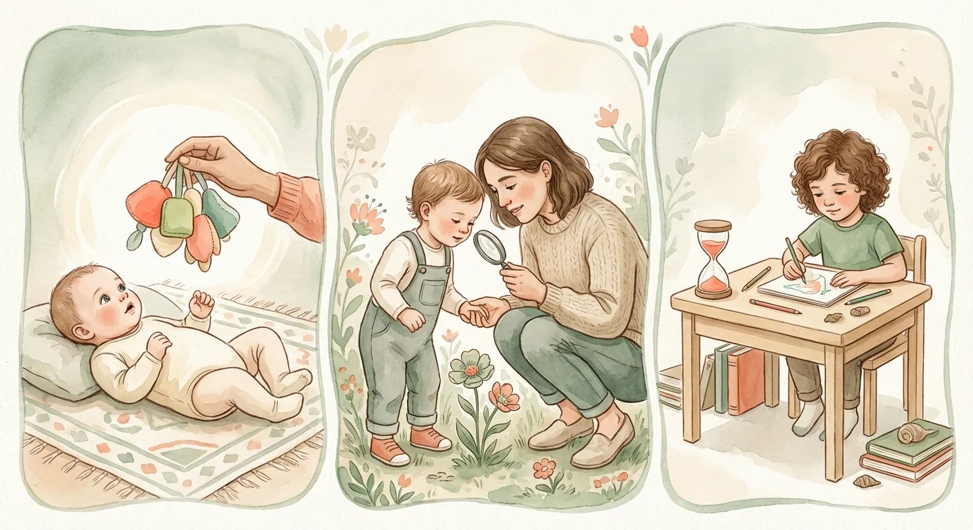 A warm illustration showing three stages of childhood attention development: an infant looking at a toy, a toddler examining a flower with a parent, and a young child at a desk with a short timer