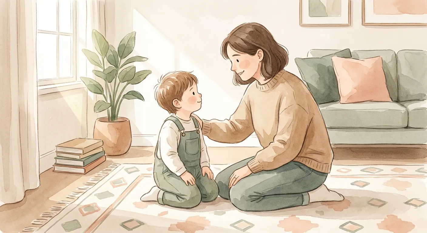 Parent kneeling at eye level with child, having a calm and connected conversation in a warm living room