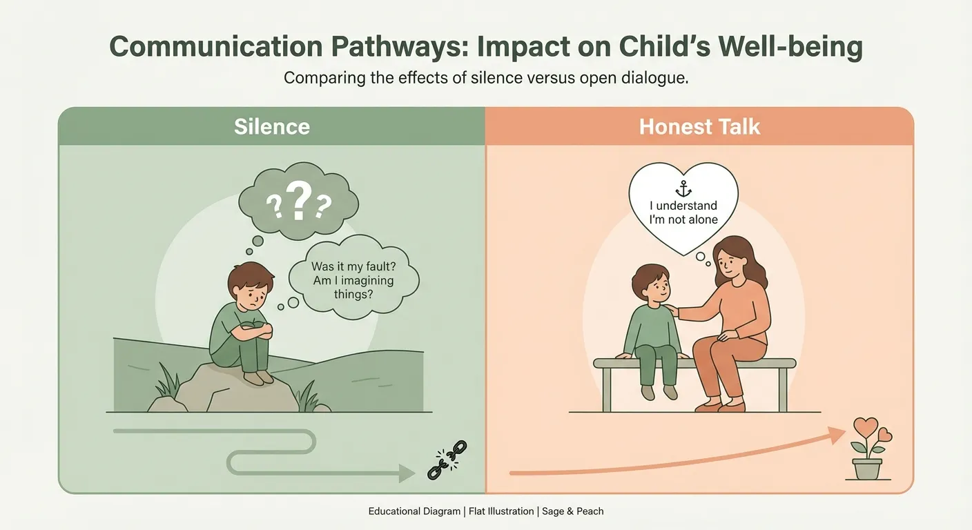 Diagram comparing two paths: silence leads to child filling gap with self-blame, while honest talk gives the child clarity and connection