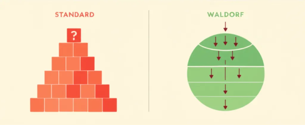 Diagram comparing standard arithmetic (building from parts) with Waldorf approach (starting from the whole)
