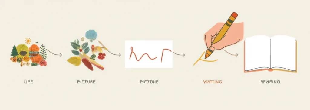Diagram showing the progression: Life to Picture to Writing to Reading