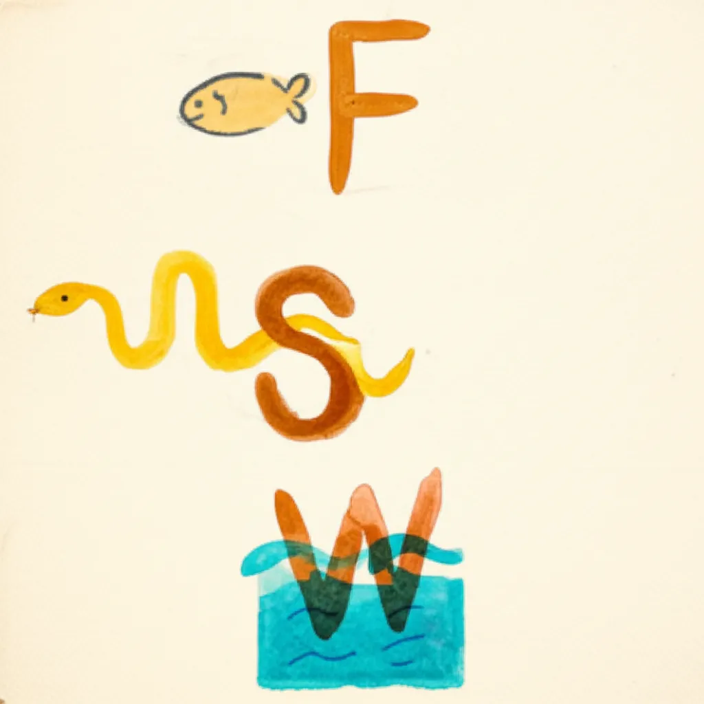 Watercolor paintings of objects paired with the letters they become: fish to F, snake to S, waves to W