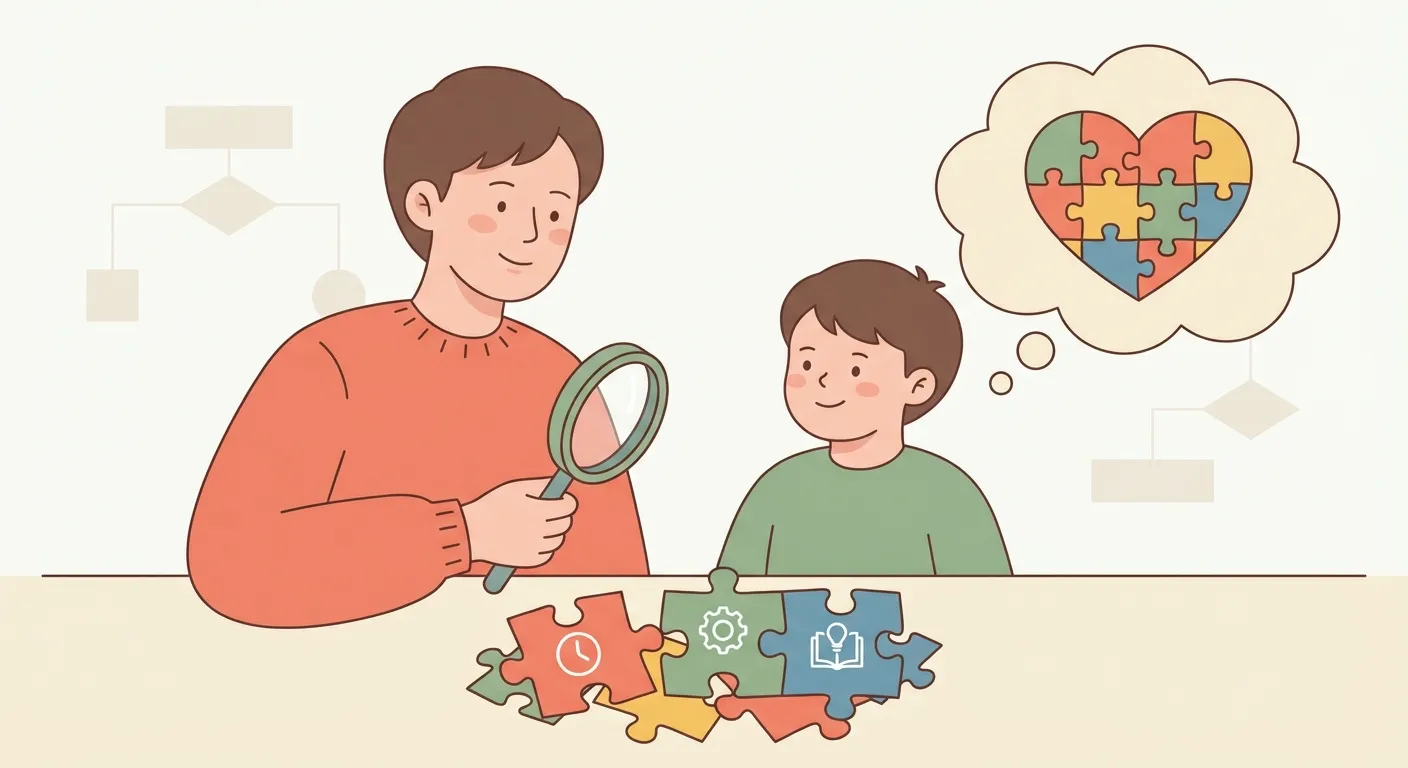 Parent examining puzzle pieces representing behavior strategy components