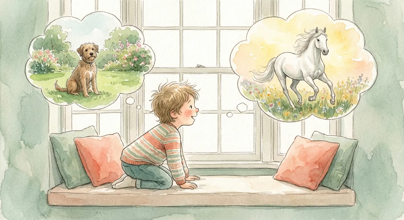 A child looking out a window, with thought bubbles showing imagination versus reality