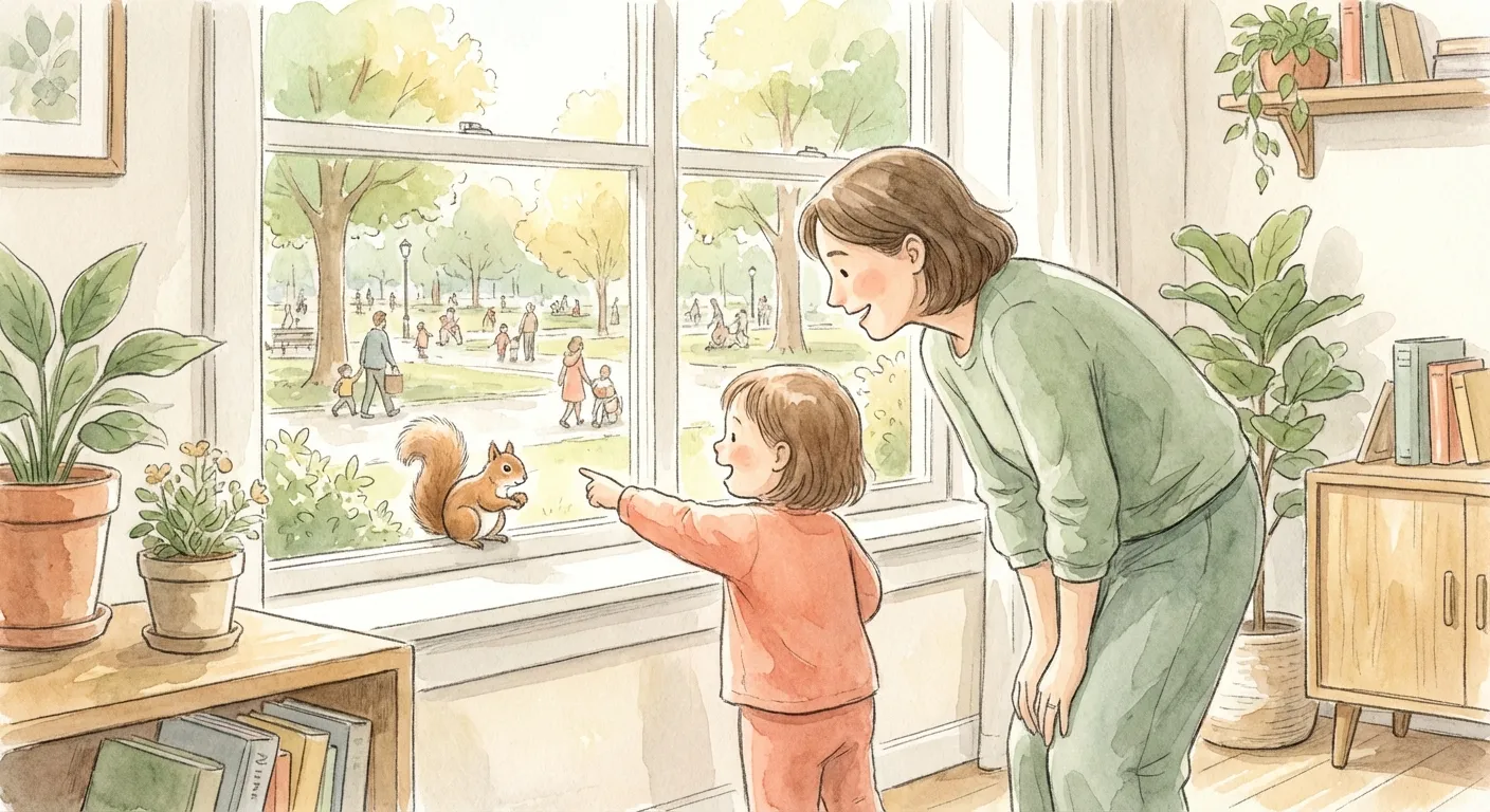 A parent and child standing at a window, playing an observation game together