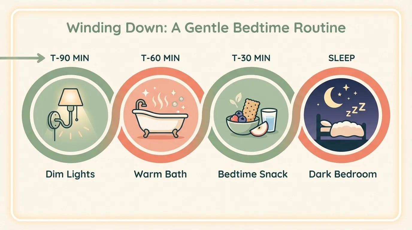 Timeline infographic showing the four phases of a bedtime wind-down routine from dimming lights to sleep