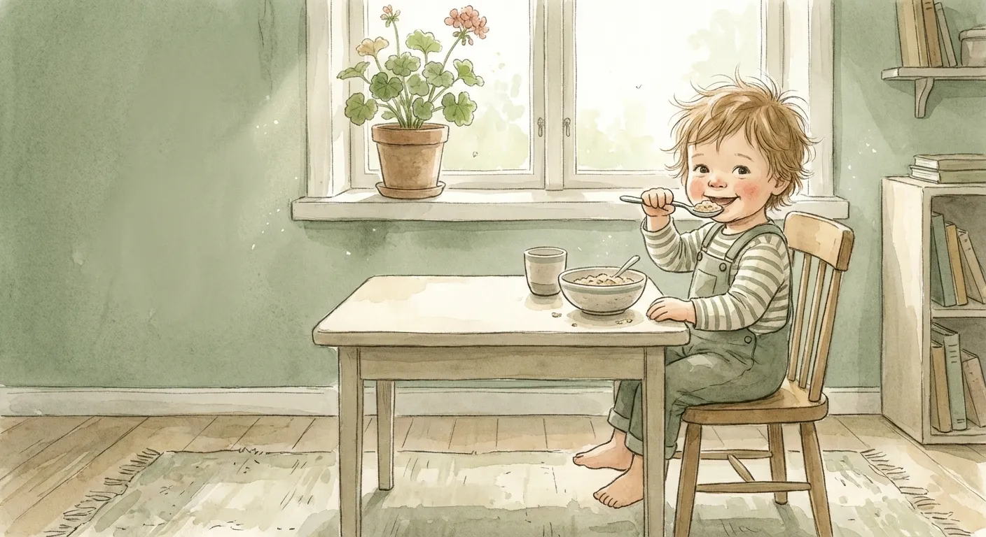 A toddler confidently eating on their own at a small table