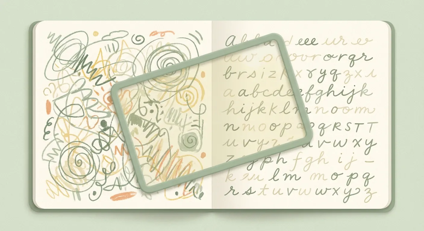 Colorful illustration of tangled scribbles transforming into clear writing through a decoder lens