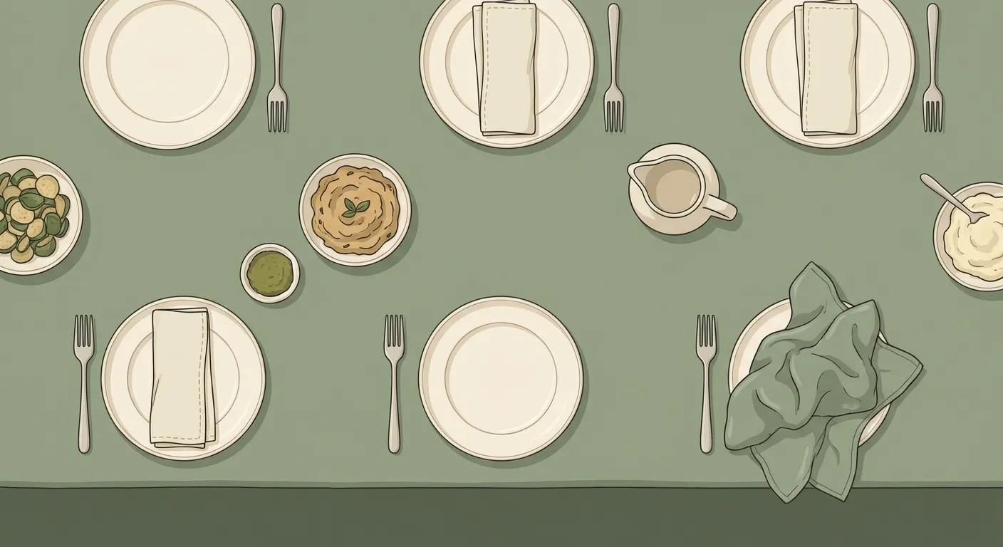 Overhead view of a dinner table with one charmingly lumpy child-folded napkin among neat place settings