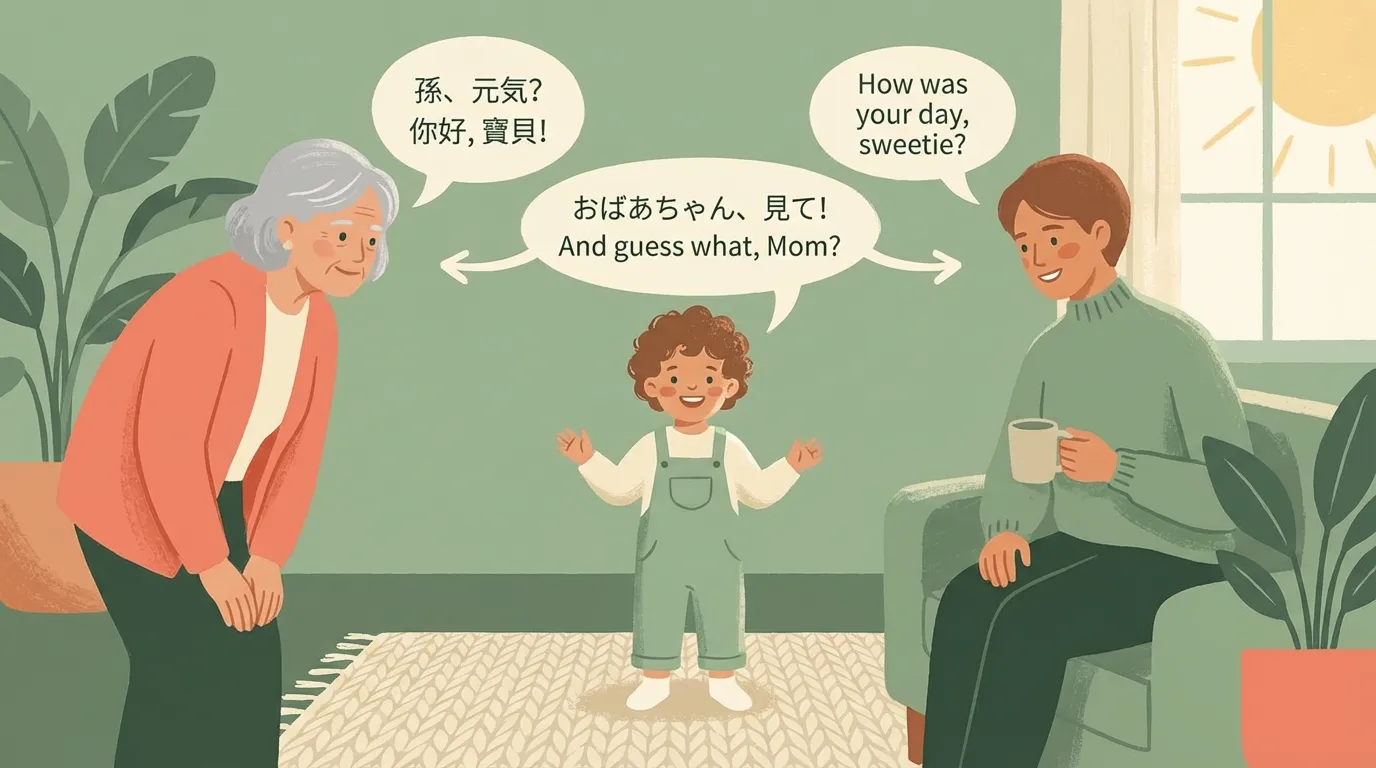A child talking to grandmother and parent with speech bubbles in two different languages