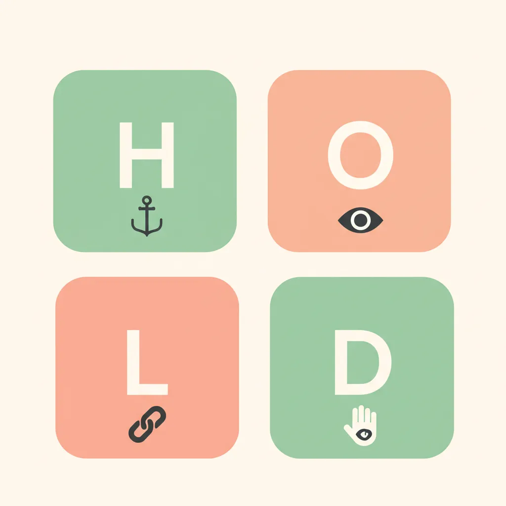 H-O-L-D letter grid with anchor, eye, chain, and hand icons representing the four steps