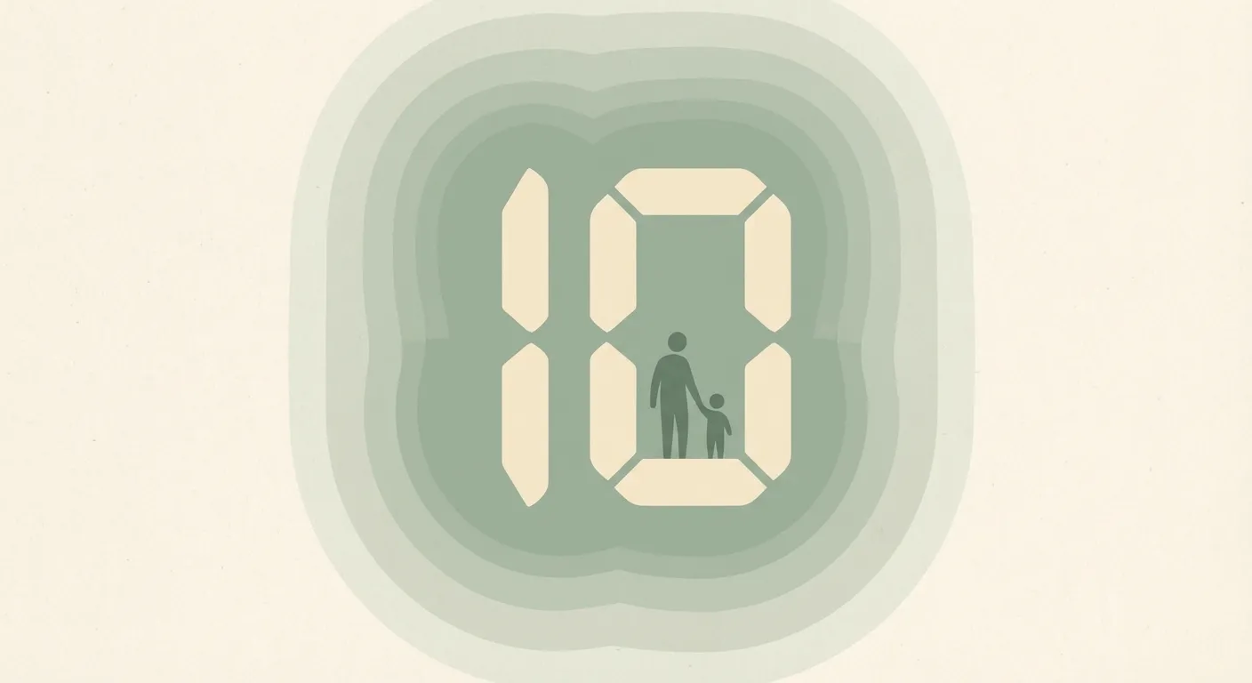 Bold countdown timer with parent silhouette inside the zero, surrounded by sage-green calm waves