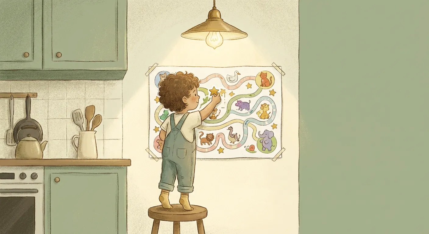 Child placing a gold star on a colorful progress tracking chart