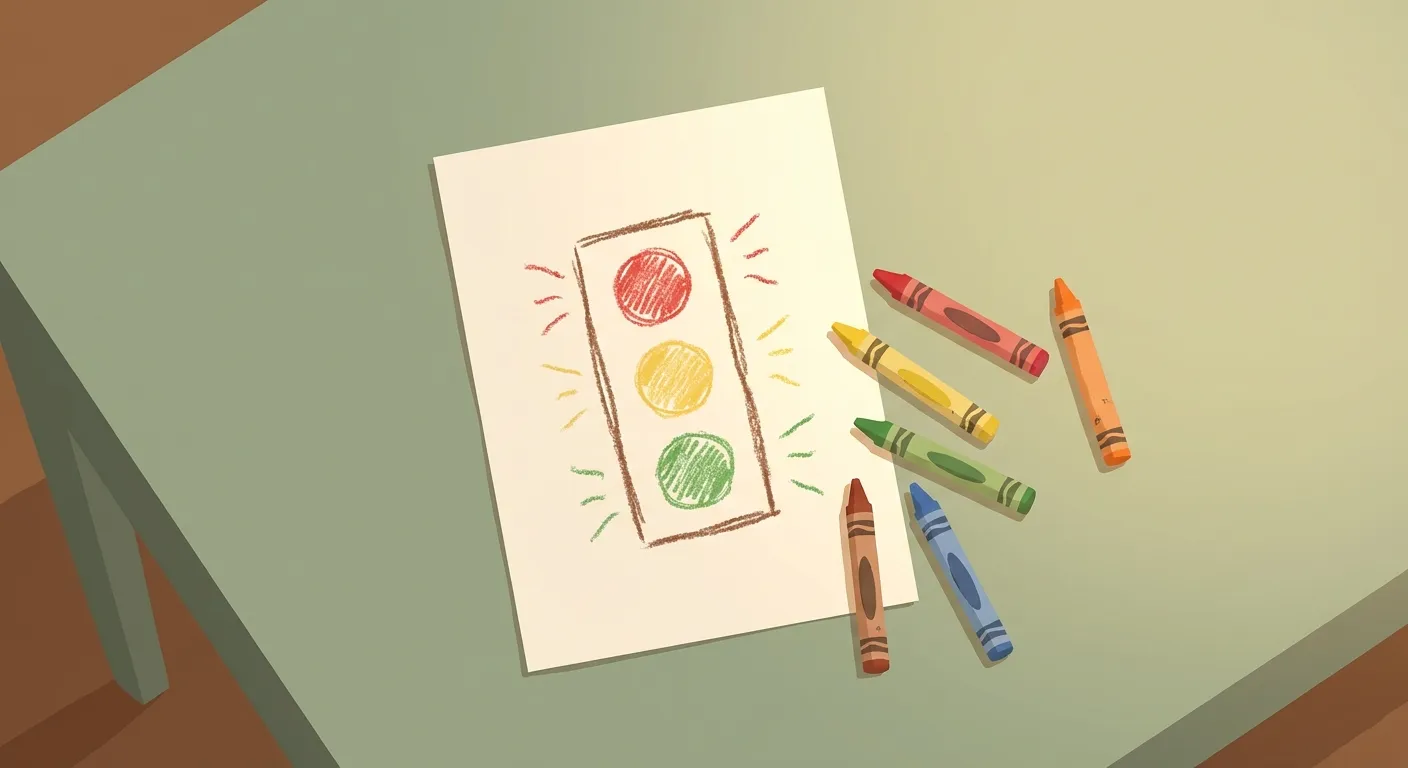 Colorful illustration of a traffic stoplight with red, yellow, and green lights representing stop, think, and go steps for emotional regulation